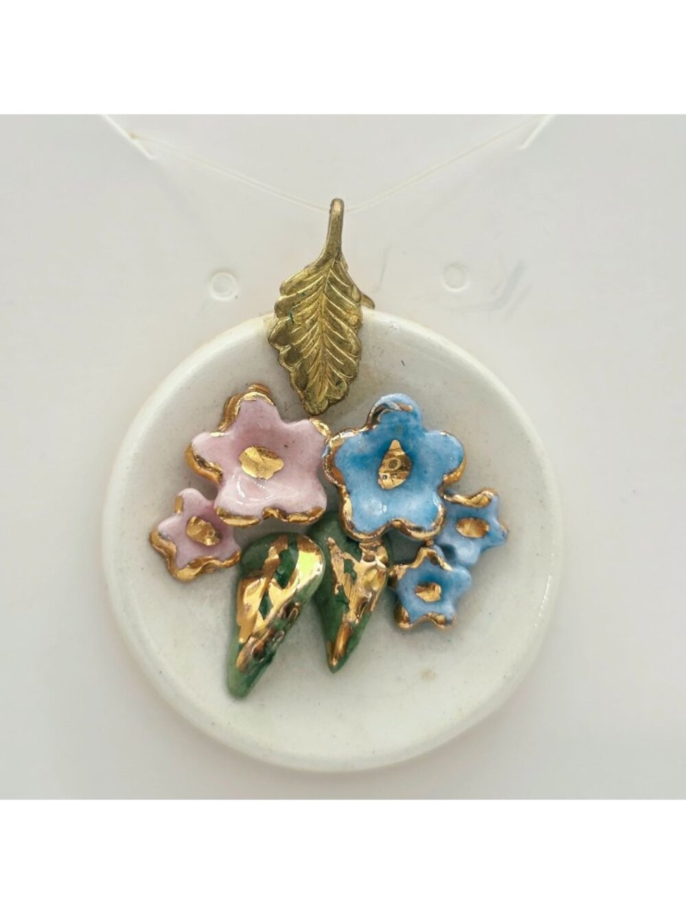 Ceramic Floral Pendant Gold Accents & Leaf Detail Pastel Pink & Blue Flowers
